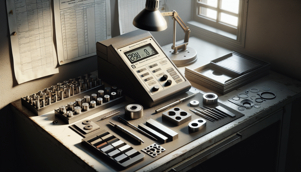 Hardness tester digital pada meja kerja dengan sampel material logam, uji kekerasan material.