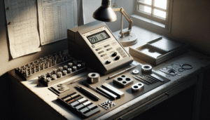 Hardness tester digital pada meja kerja dengan sampel material logam, uji kekerasan material.