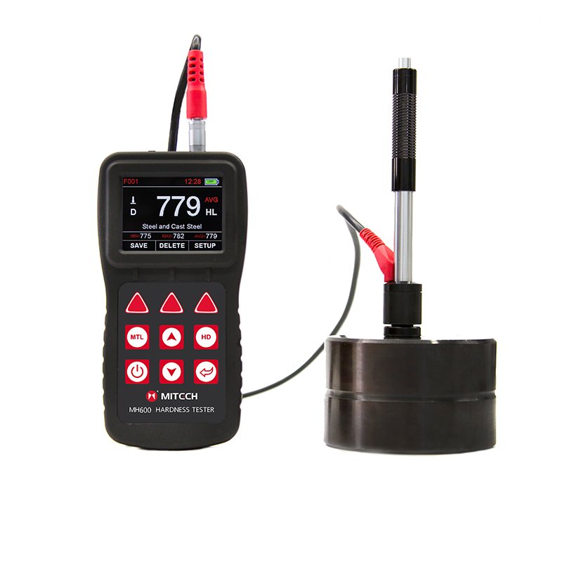 MH600 Portable Leeb Hardness Tester - Alat uji kekerasan logam portabel berwarna kuning dengan layar digital.