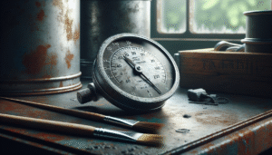 A well-used coating thickness gauge on weathered steel in an industrial workshop, essential for definitive quality control in painting.