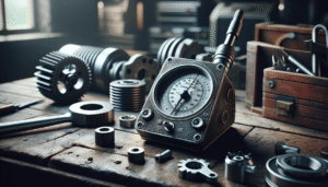 Hardness tester on a workbench with automotive components for accurate material testing.