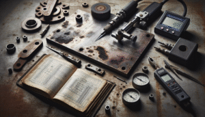 Weathered steel plate with surface roughness and grinding marks, with a MIG welding torch and calibration tools, illustrating the technical guide on surface roughness impact on MIG welding quality.