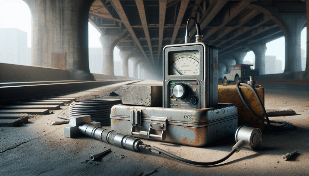 Ultrasonic thickness gauge and calibration tools on a rusted steel bridge beam for structural inspection.