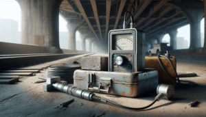 Ultrasonic thickness gauge and calibration tools on a rusted steel bridge beam for structural inspection.