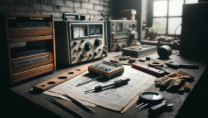 Vibration meter and analyzer on a blueprint at a construction and M&E industry workbench with tools.