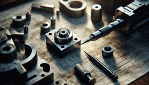 Close-up of aerospace components on a blueprint with a profilometer stylus and calibration block, illustrating surface roughness inspection for maximum efficiency.