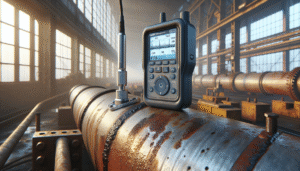 Ultrasonic thickness gauge measuring a corroded steel pipe in a petrochemical plant, showing digital thickness readings.
