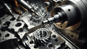 Close-up of a CNC lathe machining a metal automotive gear component, showing fine shavings and tool wear for optimization and surface roughness strategies.