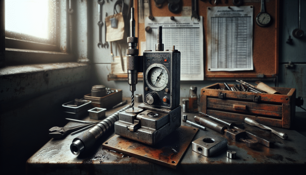 Portable Rockwell hardness tester on a workshop bench checking a worn drill bit component for oilfield maintenance and downtime prevention.