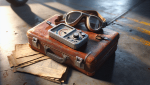 Weathered ultrasonic thickness gauge and calibration tools on a worn leather flight case in an aircraft hangar, illustrating essential material inspection for airplane maintenance.