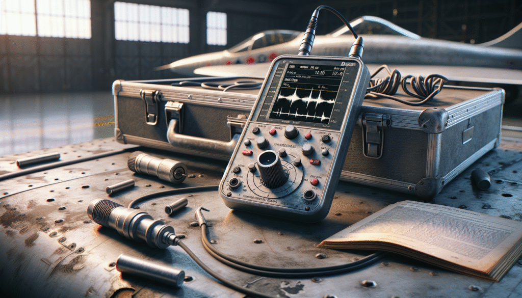 Ultrasonic thickness gauge measuring an aircraft wing panel in a maintenance hangar, displaying a waveform reading for precise inspection.