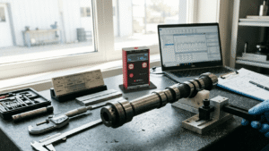 Surface roughness tester on a worn metal workbench in an automotive quality control workshop, with technical blueprints and natural lighting.