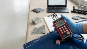 A well-used coating thickness gauge on weathered steel in an industrial workshop, essential for definitive quality control in painting.