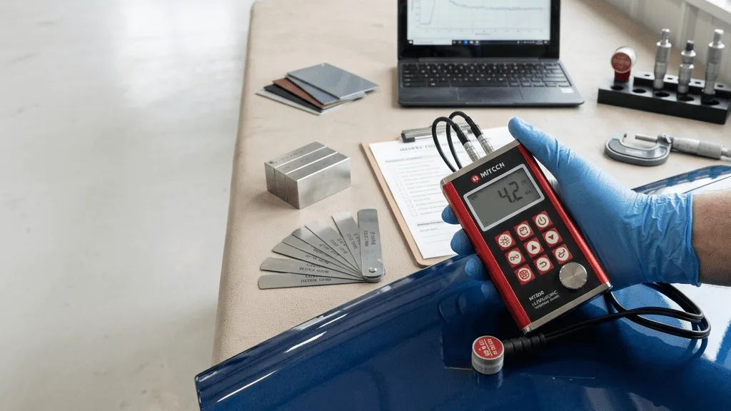 A well-used coating thickness gauge on weathered steel in an industrial workshop, essential for definitive quality control in painting.