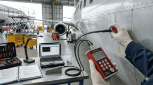 Ultrasonic thickness gauge measuring an aircraft wing panel in a maintenance hangar, displaying a waveform reading for precise inspection.