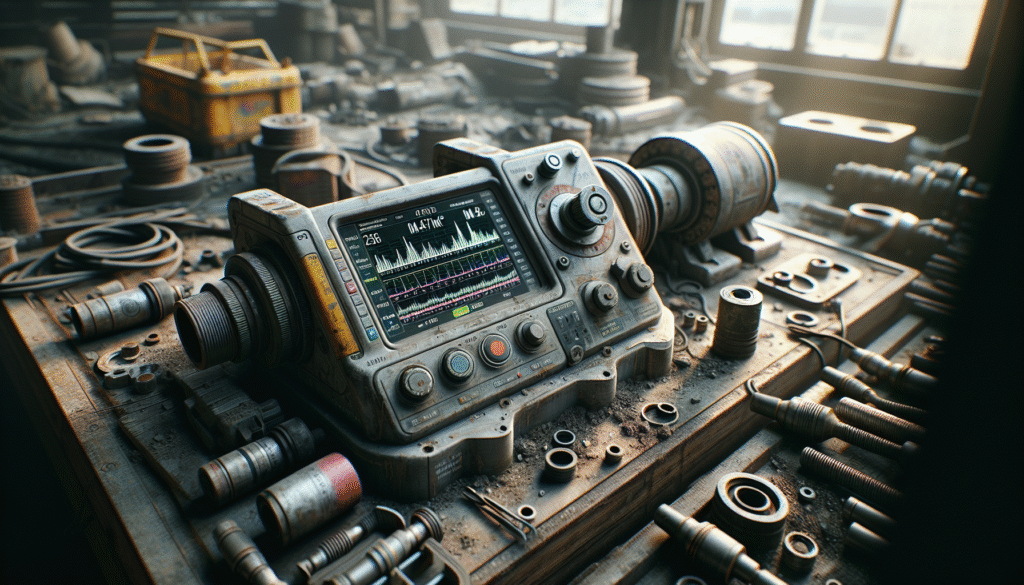 Vibration monitoring device on construction equipment at a sensitive toll road project site, displaying real-time acceleration data for K3 compliance.
