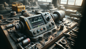 Vibration monitoring device on construction equipment at a sensitive toll road project site, displaying real-time acceleration data for K3 compliance.