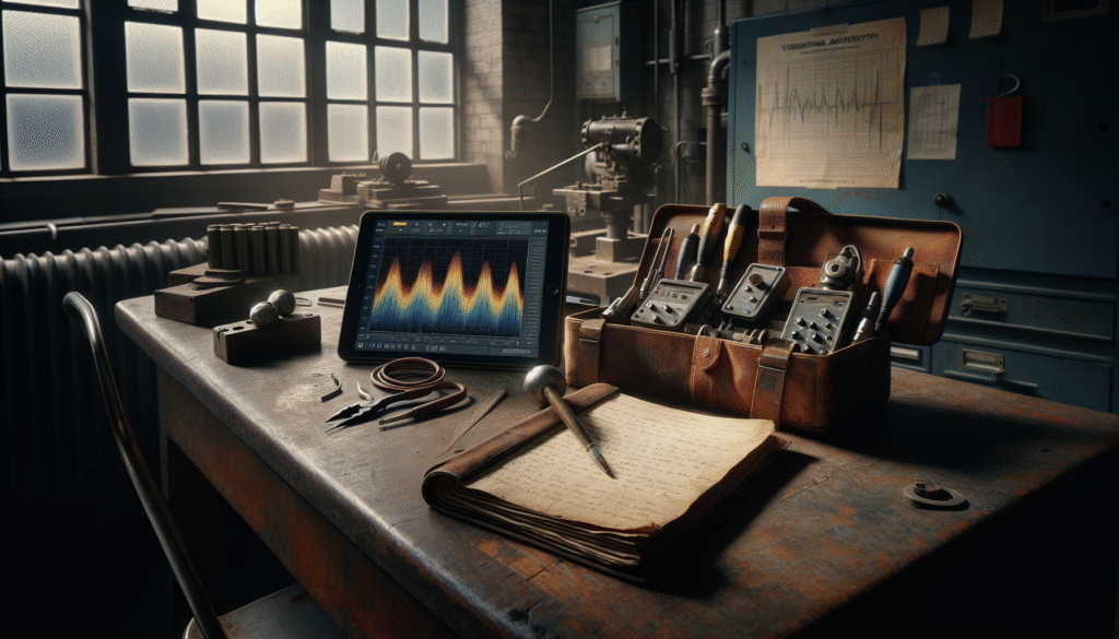 Vibration analysis technician reviewing spectral data on a tablet to calculate predictive maintenance ROI.