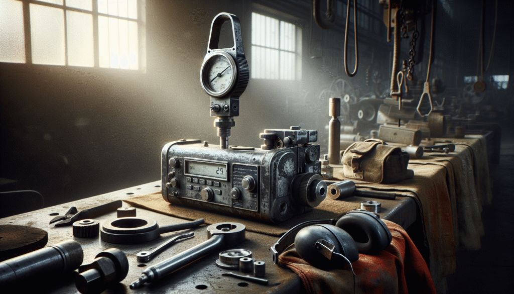 Portable hardness tester on weathered steel pipe in a confined industrial project space, with authentic tools and safety equipment.