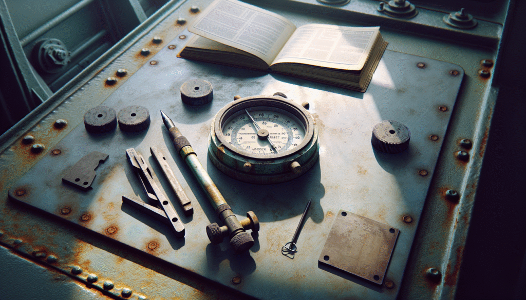 Weathered marine coating thickness gauge and calibration tools on a ship's steel plate during inspection for IMO PSPC standards.