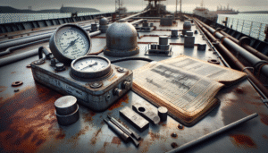 Weathered coating thickness gauge and calibration shims on a steel plate for quality control inspection on a tanker ship deck.