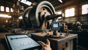 Maintenance engineer performing vibration analysis on a palm oil mill gearbox, with real-time data displayed on a tablet for predictive maintenance and anomaly detection.