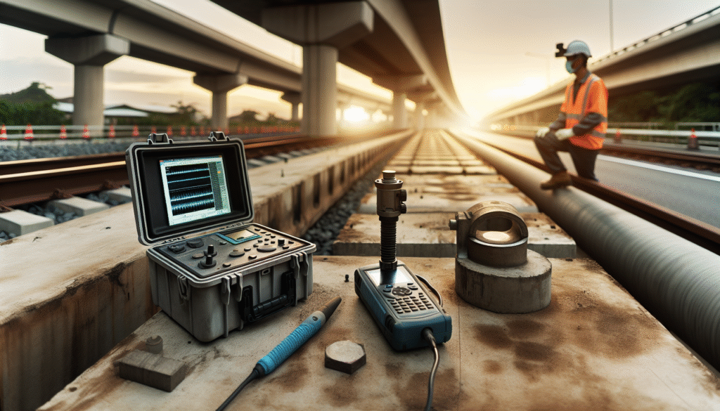 Close-up of technician using ultrasonic testing device for micro-crack detection on a highway expansion joint.