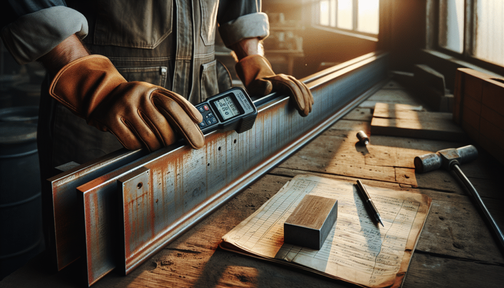 Professional in work gloves calibrating a digital ultrasonic thickness gauge on a steel I-beam, demonstrating fundamental EPC standards for steel construction.