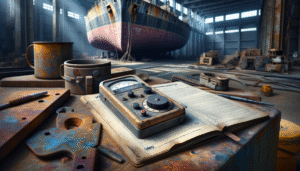 A marine inspector's workbench with a coating thickness gauge and technical manual, inspecting a rusted steel plate on a ship's hull in dry dock.