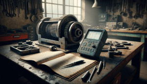 Vibration analyzer and disassembled gearbox in a heavy equipment maintenance workshop for preventive maintenance.