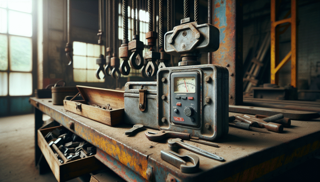 Vibration meter measuring a weathered overhead crane beam in an industrial workshop during lifting equipment inspection.