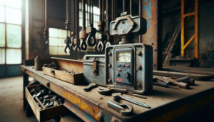 Vibration meter measuring a weathered overhead crane beam in an industrial workshop during lifting equipment inspection.