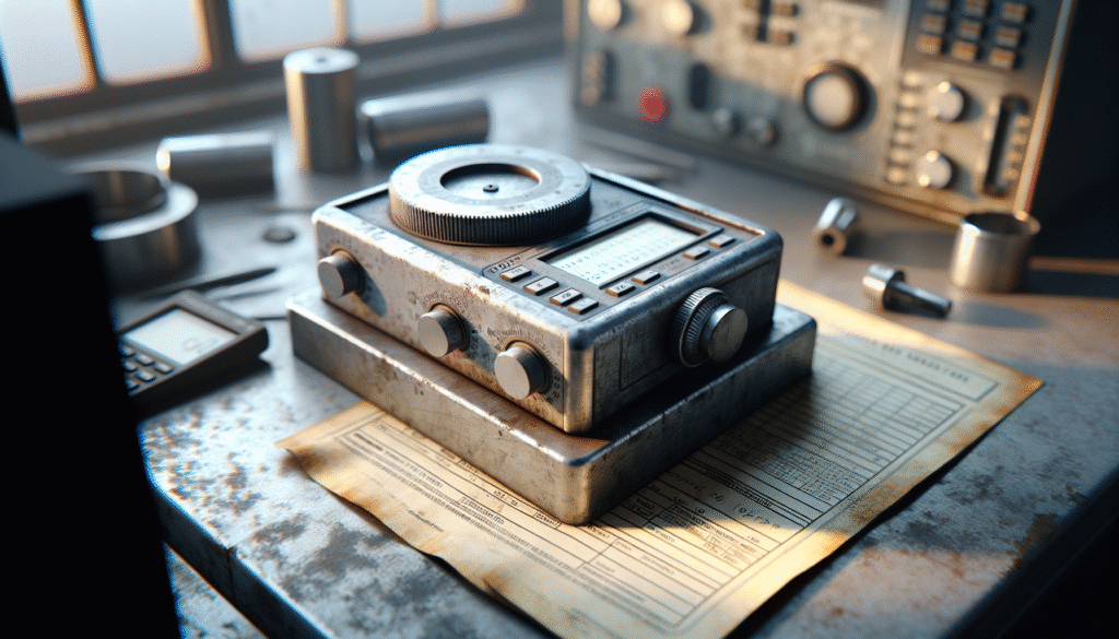A weathered ultrasonic thickness gauge being calibrated on a rusted steel test block in an industrial inspection lab, demonstrating precise EPC inspection procedures.