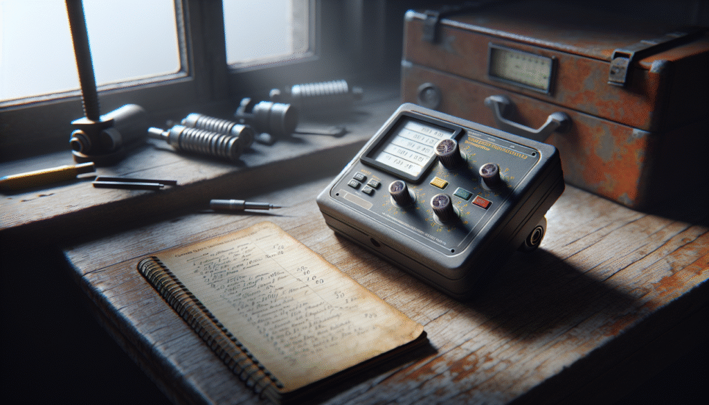 Vibration monitoring device and field notebook on a workbench for creating a monthly HSE audit report.