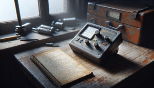 Vibration monitoring device and field notebook on a workbench for creating a monthly HSE audit report.
