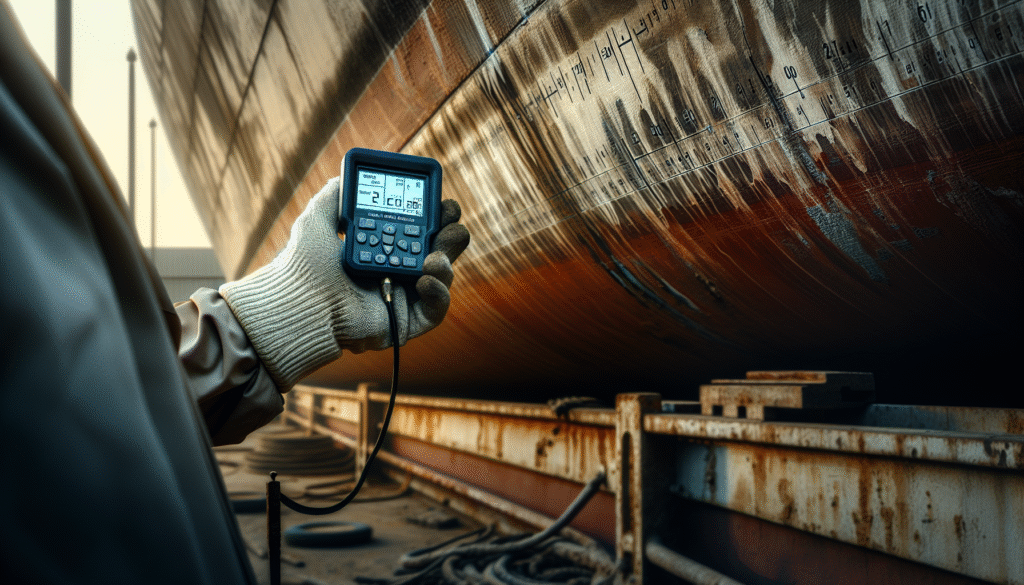 Marine engineer measuring paint thickness on a ship's hull with a digital gauge for optimal energy efficiency.