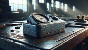 Weathered marine coating thickness gauge measuring protective paint on a rust-stained steel plate in a shipyard workshop.