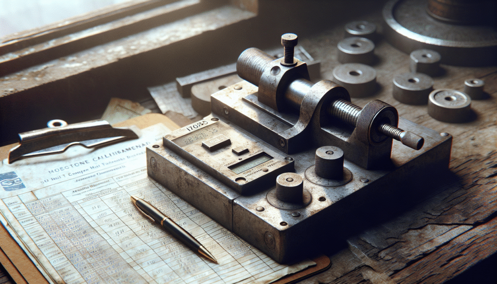 Close-up calibration of a hardness tester in an EPC workshop with ISO 17025 certificate and verification logs, ensuring measurement accuracy.