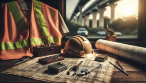 Engineer's workspace with bridge inspection manual, safety gear, and tools for infrastructure maintenance during mudik travel season.