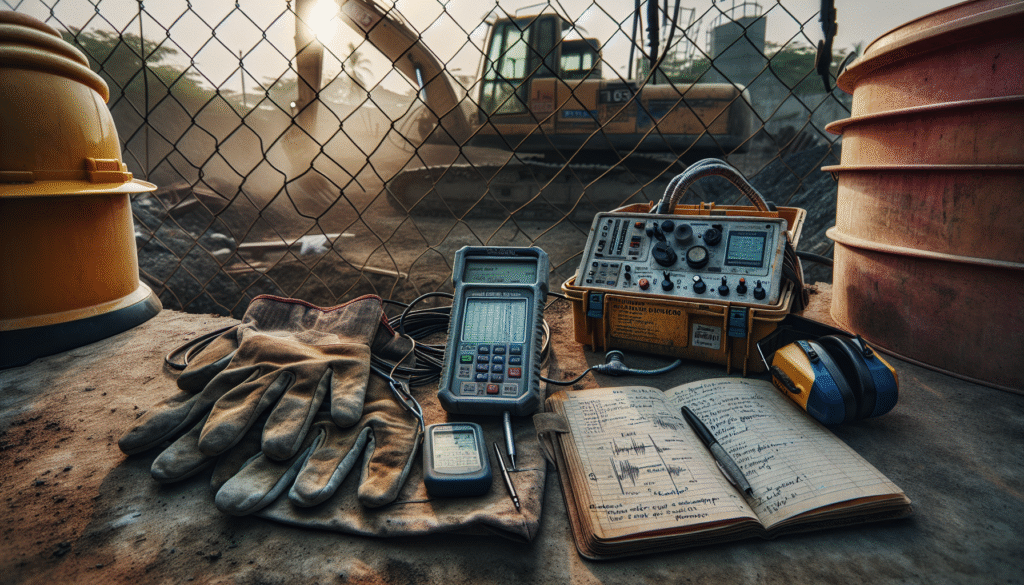 Vibration meter and geophone monitoring soil stability on a highway construction site, with HSE professional's annotated field notes in the foreground.