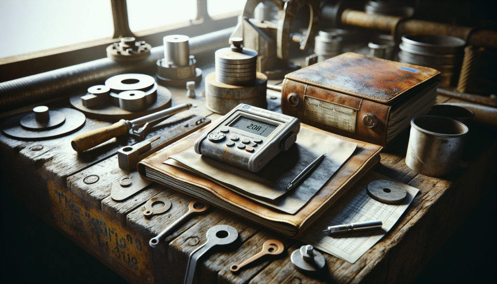 Marine coating inspector's workbench with digital thickness gauge and surface profile tools for IMO PSPC ship quality monitoring.