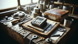 Marine coating inspector's workbench with digital thickness gauge and surface profile tools for IMO PSPC ship quality monitoring.
