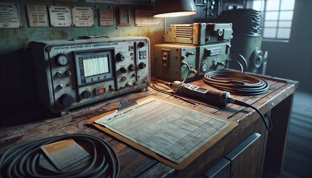 Maintenance engineer using a portable vibration analyzer on a diesel generator for predictive maintenance and HSE compliance.