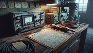 Maintenance engineer using a portable vibration analyzer on a diesel generator for predictive maintenance and HSE compliance.