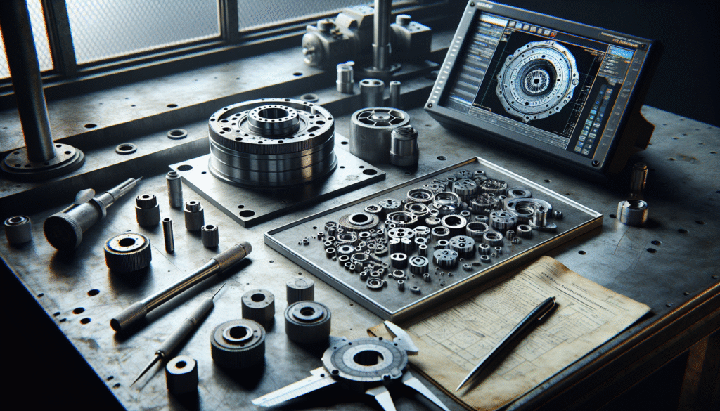 Close-up of quality control inspection for small, complex mechanical components on an EPC project table, featuring a 3D CT scanner and precision tools.