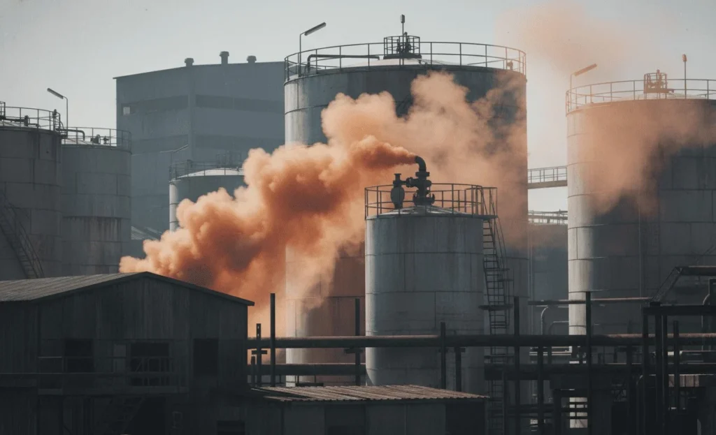 Kebocoran gas kimia dari tangki penyimpanan industri akibat korosi dan kelelahan material, menyoroti pentingnya inspeksi integritas tangki dan manajemen risiko fasilitas kimia.