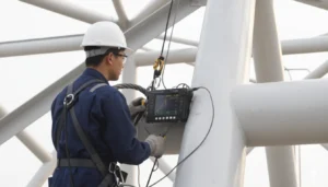 Teknisi melakukan inspeksi jembatan baja menggunakan metode Eddy Current Testing (ECT) dengan alat portable NDT pada struktur pipa baja untuk deteksi retak dan korosi.