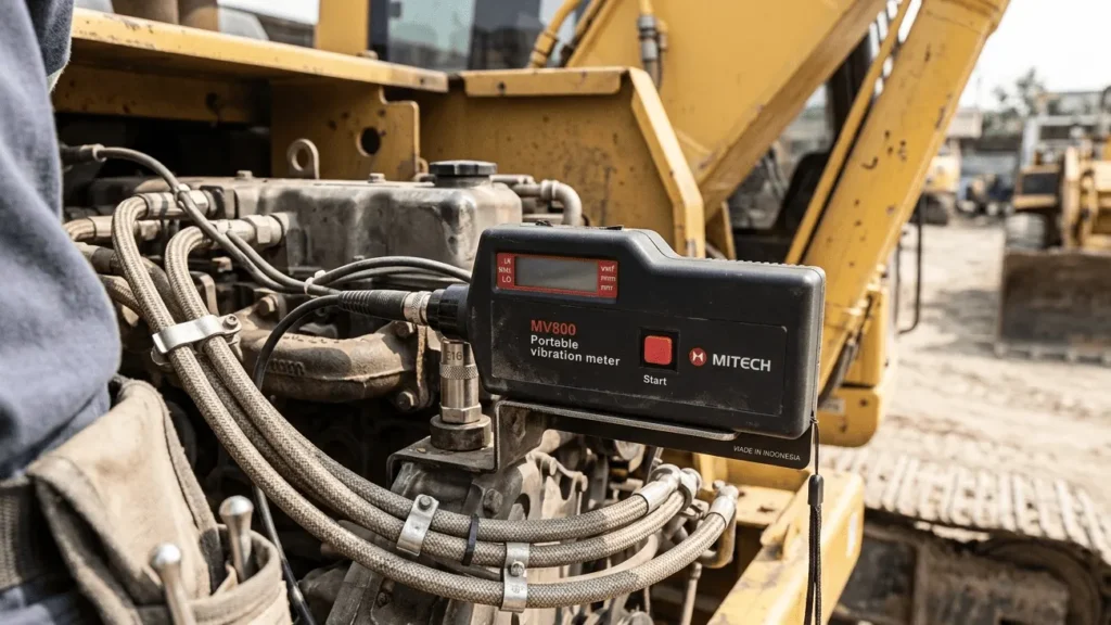 Vibration sensor monitoring a yellow hydraulic excavator on an active Indonesian construction site for sustainable innovation