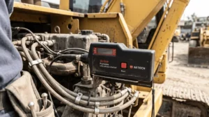 Vibration sensor monitoring a yellow hydraulic excavator on an active Indonesian construction site for sustainable innovation