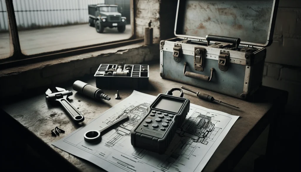 Vibration analysis technician using a handheld analyzer on a truck drivetrain schematic for preventive maintenance in a logistics vehicle bay.